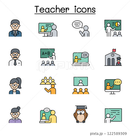 Teacher icon set in color line style 122589309