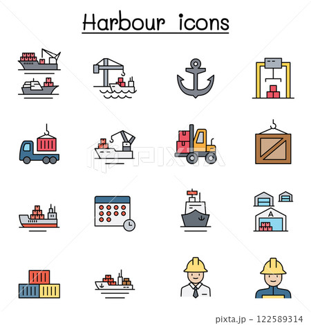 Port icon set in color line style 122589314