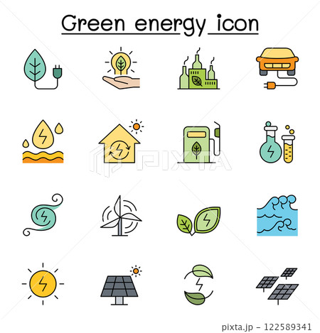 Green energy icon set in color line style 122589341