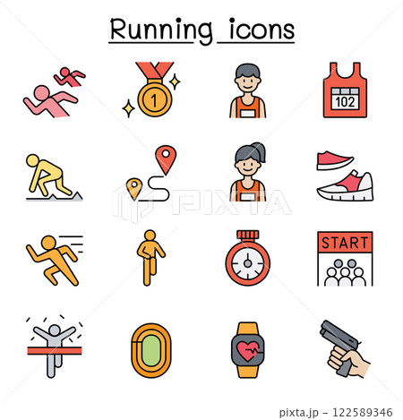 Running competition icon set in color line style Running competition icon set in color line style 122589346