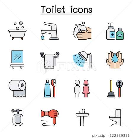 Bathroom icon set in color line style 122589351