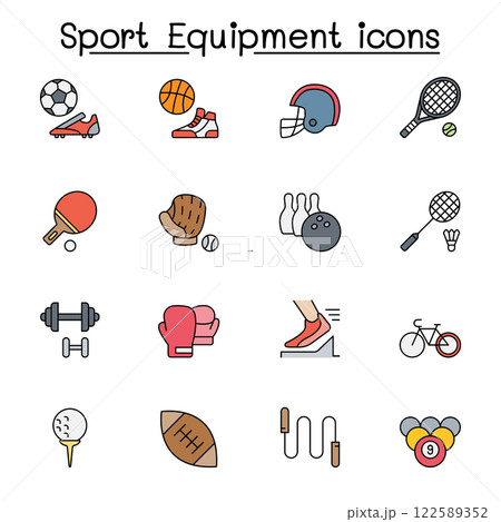 Sport equipment icon set in color line style 122589352