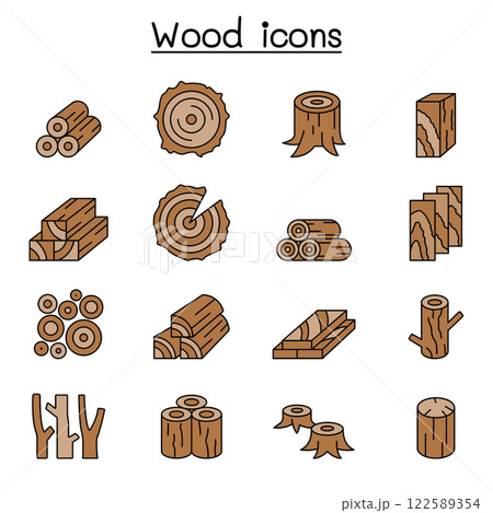 Wood icon set in color line style Wood icon set in color line style 122589354