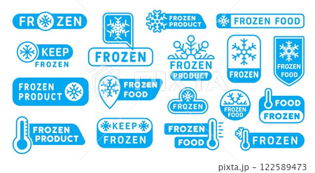 Cold frozen product labels, icons of ice crystal. Blue badges or stickers set with snowflakes, frost and thermometer symbols. Labels for packaging or product branding in cold storage or frozen goods 122589473