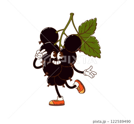 Cartoon groovy blackcurrant berry funny character. Garden ripe berry groovy cute character. Farm orchard fresh product cartoon isolated vector happy personage. Blackcurrant funky cheerful mascot 122589490