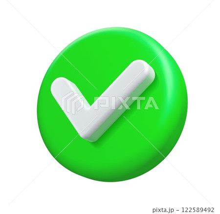 3d check icon, checklist tick, done mark. Green circle with a white tick angle view. Isolated vector plastic style checkmark, symbol of selection, confirmation or approval. Yes button for web app 122589492