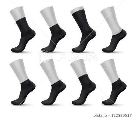 Realistic black man socks, 3d vector sox mockups for fashion and sportswear designs. Isolated fabric, elastic sock templates feature cotton toe cover, no show, extra or low cut, quarter and mid calf Realistic black man socks, 3d vector sox mockups for fashion and sportswear designs. Isolated fabric, elastic sock templates feature cotton toe cover, no show, extra or low cut, quarter and mid calf 122589537