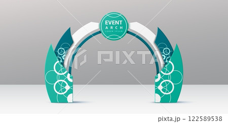 Azure event arch, realistic 3d vector exhibition entrance with teal and white color scheme, and modern circular patterns. Stylish gateway frame for festive or corporate events, promo and conferences 122589538
