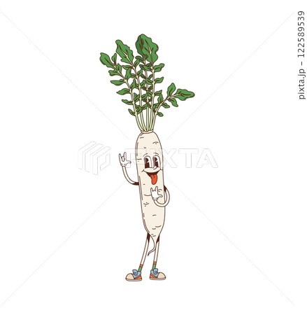 Cartoon groovy daikon vegetable character with big, expressive eyes and a friendly smile flashing a funky rock hand gesture. Isolated vector radish, farm food retro personage exudes playful vibes 122589539