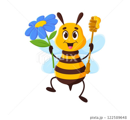 Cartoon honey bee character, cute honeybee animal mascot holding blue flower and honey dipper. Vector flying bee insect personage with happy expression representing pollination, nature and sweetness Cartoon honey bee character, cute honeybee animal mascot holding blue flower and honey dipper. Vector flying bee insect personage with happy expression representing pollination, nature and sweetness 122589648