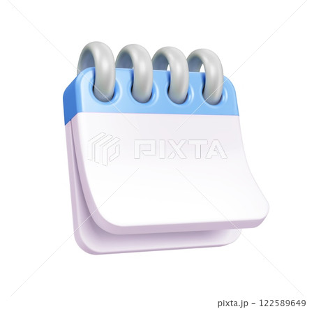 3D render event planner calendar icon. Isolated vector spiral bound notepad, meeting and dates reminder with blue binding and white slight curl page. Calendar for appointments, deadlines, planning 122589649