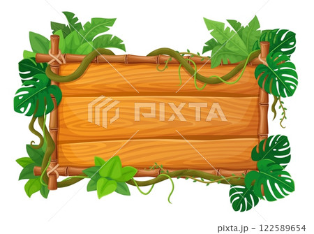 Bamboo tropical frame with jungle lianas. Wooden signboard with monstera leaves, creeper roots or thicket. Cartoon vector wood banner with greenery. Timber panel, direction sign with rainforest plants 122589654