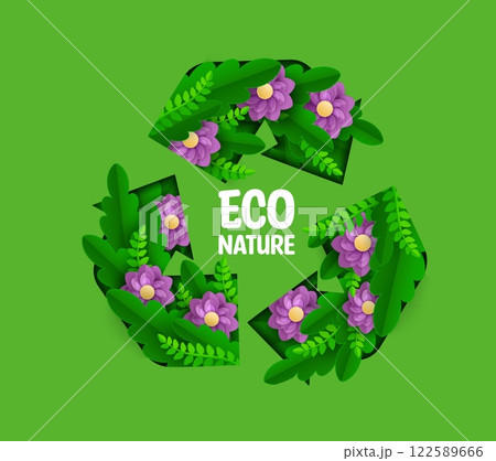 Paper cut recycle sign with green leaves and flowers, environment banner. 3d vector eco friendly emblem with lush vegetation and vibrant purple blooms, promotes nature sustainability and awareness Paper cut recycle sign with green leaves and flowers, environment banner. 3d vector eco friendly emblem with lush vegetation and vibrant purple blooms, promotes nature sustainability and awareness 122589666