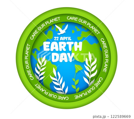 Paper cut earth day banner with blue globe surrounded by white leaves, dove and green circular 3d layered border with the text care our planet, symbolize peace, nature, and environmental protection 122589669