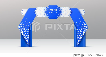 Blue event arch, realistic 3d vector exhibition entrance, modern arc gate with geometric triangular patterns and central hexagonal signage area. Entry for conferences, exhibitions, or corporate events 122589677