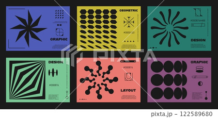 Geometric brutal y2k shape flyers and banners. Vector layouts, covers, posters or backgrounds with abstract surreal shapes in retro modern futuristic style. Minimalist templates with brutalism figures 122589680