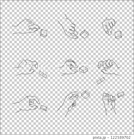 つまむ手のイラストのセット。白黒のベクターイラスト。 122589702