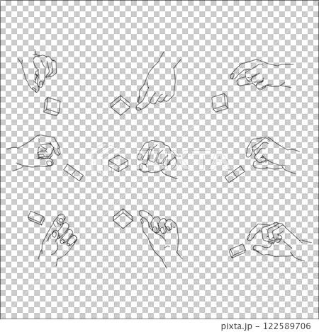 A set of pinching hand illustrations. Black and white vector illustration. 122589706