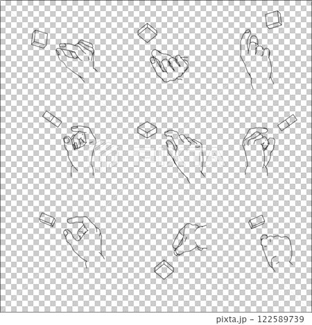 つまむ手のイラストのセット。白黒のベクターイラスト。 122589739