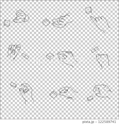 一組捏手的插圖。黑白向量插圖。 一組捏手的插圖。黑白向量插圖。 122589741