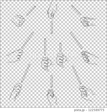 細い棒を持つ手のイラストのセット。白黒のベクターイラスト。 122589773