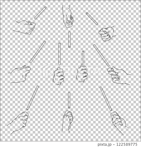 A set of illustrations of a hand holding a stick. Black and white vector illustration. 122589775