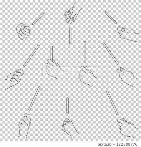 A set of illustrations of a hand holding a stick. Black and white vector illustration. A set of illustrations of a hand holding a stick. Black and white vector illustration. 122589776
