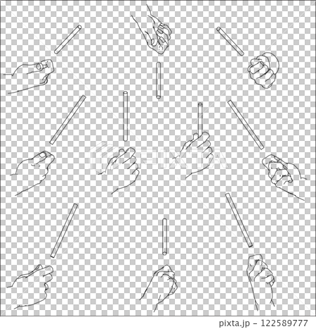細い棒を持つ手のイラストのセット。白黒のベクターイラスト。 122589777