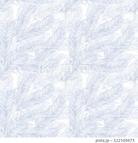 Carnival blue feathers seamless pattern. Hand drawn watercolor illustration isolated white background. Can be used for textile, fabric, scrapbook and other printed products. Carnival blue feathers seamless pattern. Hand drawn watercolor illustration isolated white background. Can be used for textile, fabric, scrapbook and other printed products. 122589873