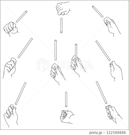 細い棒を持つ手のイラストのセット。白黒のベクターイラスト。 122589898