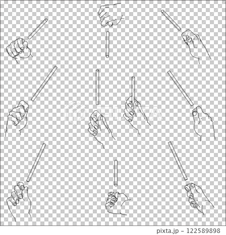 一組描繪一隻手握著棍子的插圖。黑白向量插圖。 122589898