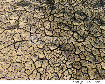 Cracked earth texture of the dried earth with clay and sand severe drought of the global warming planet. 122589942