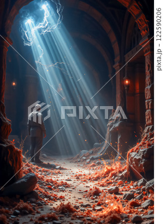 光が射し込む廃墟と光の側で佇む男性「AI生成画像」 122590206