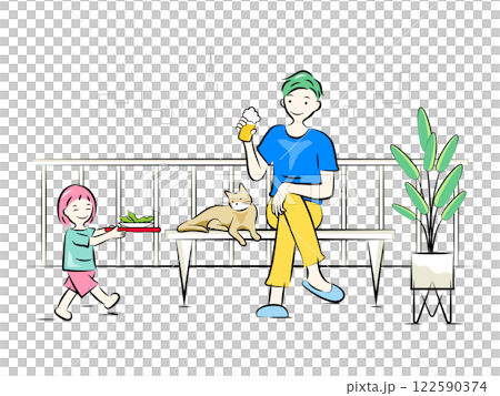 家のバルコニー・テラスでビールを飲みながらくつろぐパパと娘の親子,猫|家族シリーズ 家のバルコニー・テラスでビールを飲みながらくつろぐパパと娘の親子,猫|家族シリーズ 122590374