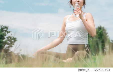 運動時に水を飲む女性(熱中症対策・水分補給・ミネラルウォーター) 運動時に水を飲む女性(熱中症対策・水分補給・ミネラルウォーター) 122590493