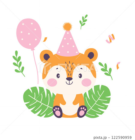 Happy Cute Fox Animal Cartoon Character Wearing Cone Hat Celebrating Birthday Party with Confetti 122590959