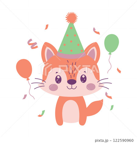 Happy Cute Fox Animal Cartoon Character Wearing Cone Hat Celebrating Birthday Party with Confetti 122590960