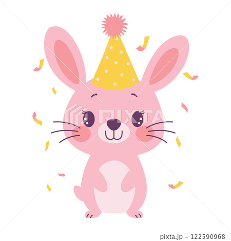 Happy Cute Pink Rabbit Animal Cartoon Character Wearing Cone Hat Celebrating Birthday Party Happy Cute Pink Rabbit Animal Cartoon Character Wearing Cone Hat Celebrating Birthday Party 122590968