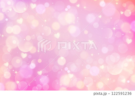 Pink lovely background with cute hearts and pattern of bokeh. Light pastel fantasy gradient sky with magic stars. Valentine Day blurred girly wallpaper. Dreamy glowing backdrop 122591236