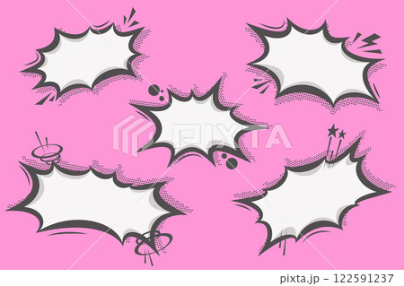 Manga speech bubble for text. Comic pop art vector frame with halftone dotted effect. Chat shape for shock shout and scream action messages. Irregular anime template. 122591237