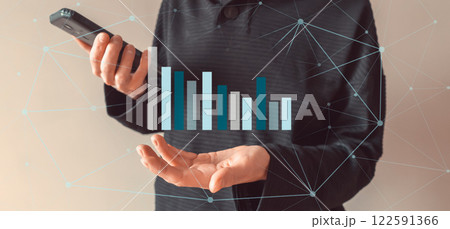 Girl shows a diagram with business growth up. Girl shows a diagram with business growth up. 122591366