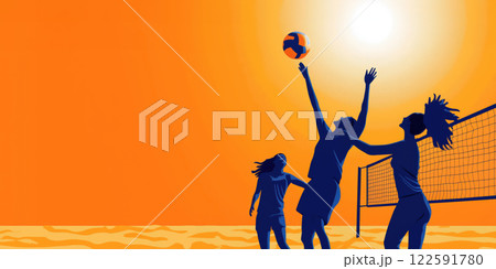 Beach volleyball players enjoying sunny day on sand 122591780