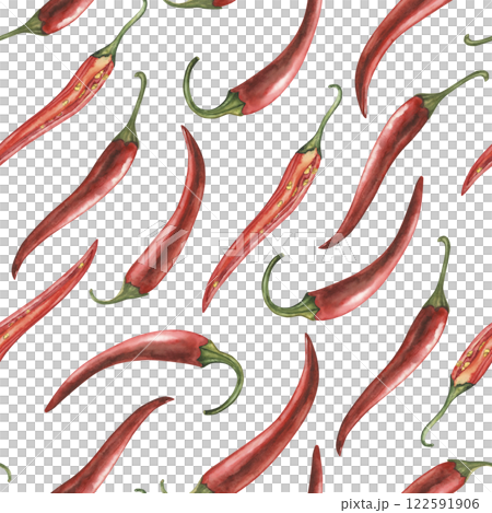 Seamless pattern with red hot chili pepper. Watercolor illustration is hand drawn in botanical style in red green shades. For design wallpaper, fabric, paper, packaging, textile, shoppers, tablecloths Seamless pattern with red hot chili pepper. Watercolor illustration is hand drawn in botanical style in red green shades. For design wallpaper, fabric, paper, packaging, textile, shoppers, tablecloths 122591906