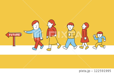 将来に向かって歩く家族のイメージイラスト 122591995