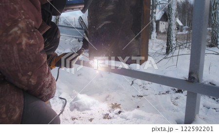 Professional worker performs welding work Professional worker performs welding work 122592201