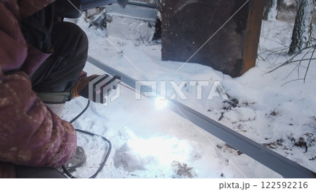Professional worker performs welding work Professional worker performs welding work 122592216