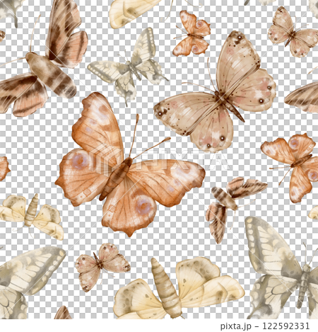 Brown and beige butterflies in vintage style on a isolated background, seamless pattern. Watercolor illustration. For fabric,textiles, wallpaper, wrapping paper, wrappers, covers, prints, clothing. Brown and beige butterflies in vintage style on a isolated background, seamless pattern. Watercolor illustration. For fabric,textiles, wallpaper, wrapping paper, wrappers, covers, prints, clothing. 122592331
