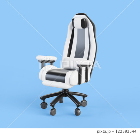 3d gaming chair, ergonomic leather swivel pc and racing game seat. Black white computer armchair for home or office interior furniture isolated on blue background Cartoon render icon. 3D illustration 3d gaming chair, ergonomic leather swivel pc and racing game seat. Black white computer armchair for home or office interior furniture isolated on blue background Cartoon render icon. 3D illustration 122592344