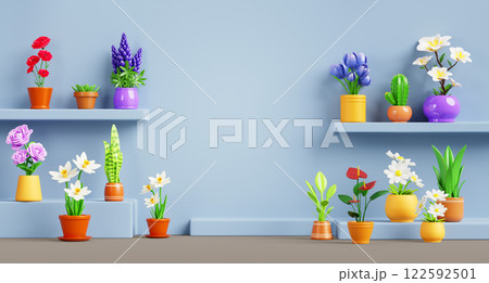 3d Interior design of living room with shelves of flowers pots on light blue wall background render. Greenhouse, floral plants with green leaves on floor. Florist shop, home or office. 3D illustration 122592501