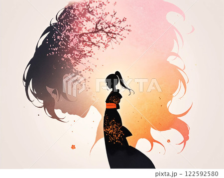 水彩アート　着物姿の女性　桜 122592580